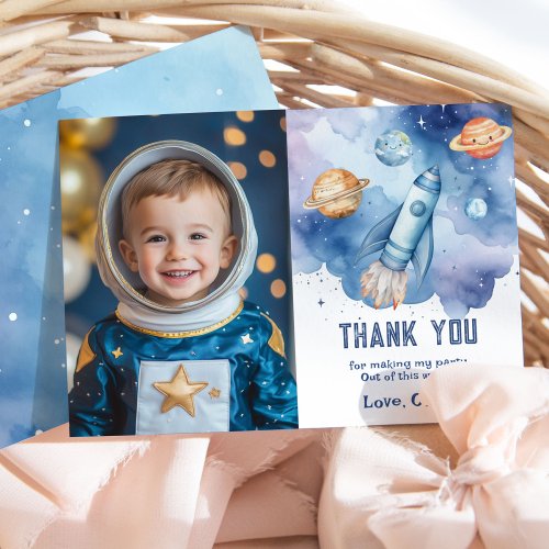 Outer space planets Boy Birthday photo thank you Invitation