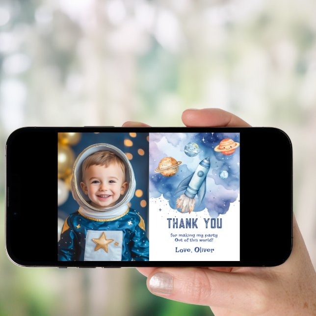Outer space planets Boy Birthday photo thank you Invitation (Front Digital)