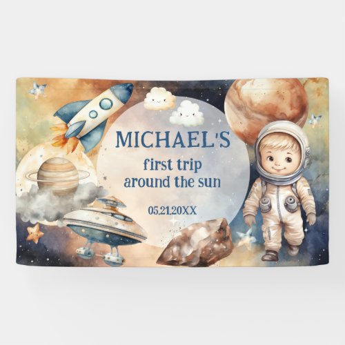 Outer Space Planets Boy First Birthday   Banner