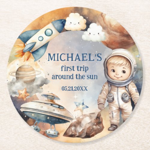 Outer Space Planets Boy First Birthday Coaster