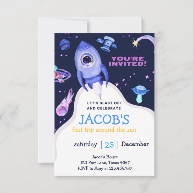 Outer Space Planets Boy First Birthday  Invitation (Front)
