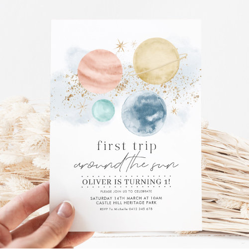 Outer Space Planets Boy First Birthday Invitation