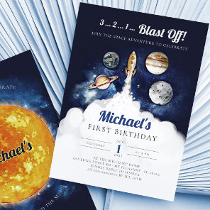 Outer Space Planets Boy First Birthday Invitation