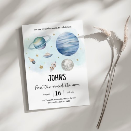 Outer Space Planets Boy First Birthday Invitation