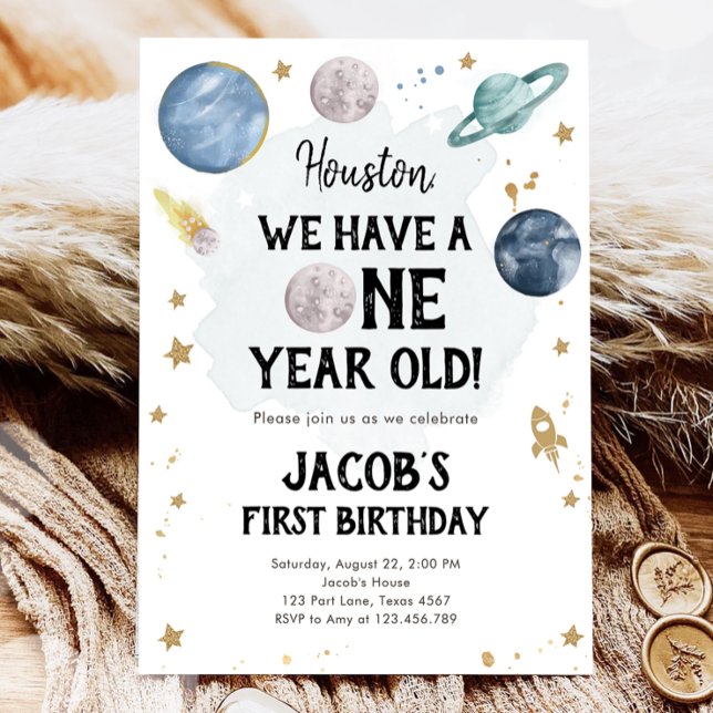 Outer Space Planets Boy First Birthday Invitation