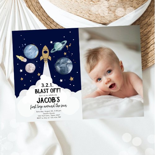 Outer Space Planets Boy First Birthday Invitation