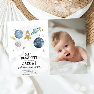 Outer Space Planets Boy First Birthday Invitation