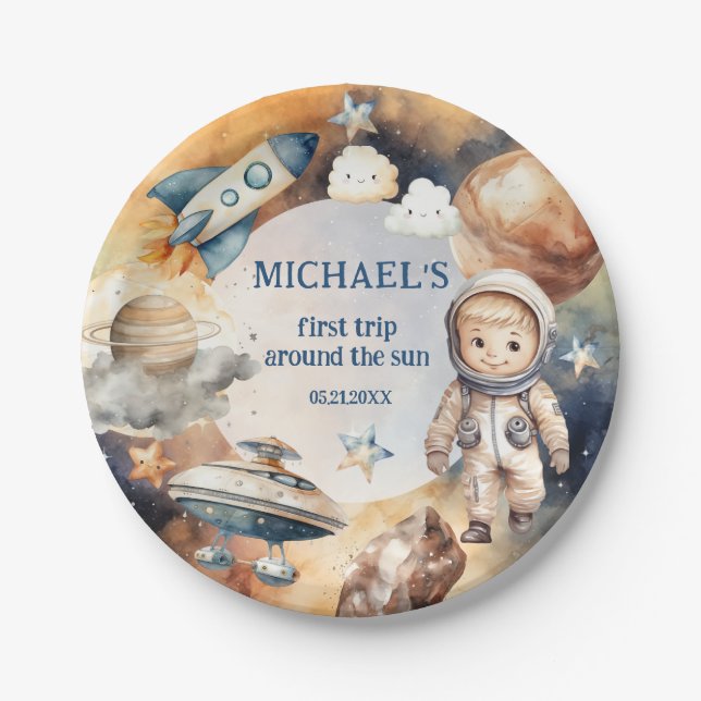 Outer Space Planets Boy First Birthday  Paper Plates (Front)