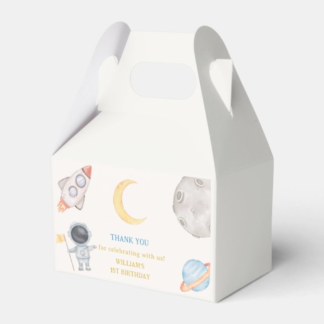 Outer Space Planets Boy Galaxy First Trip Birthday Favor Boxes (Front Side)