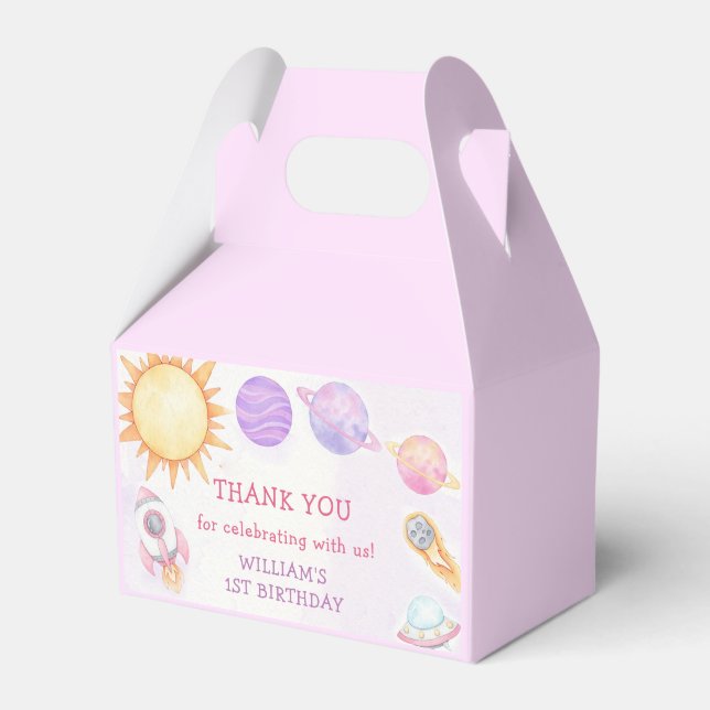 Outer Space Planets Boy Galaxy First Trip Birthday Favor Boxes (Front Side)