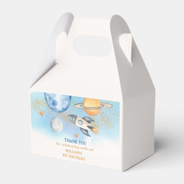 Outer Space Planets Boy Galaxy First Trip Birthday Favor Boxes (Front Side)