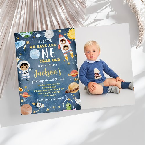 Outer Space Planets First Birthday Party Photo  Invitation