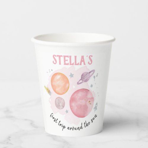 Outer Space Planets First Trip Girl 1st Birthday Paper Cups