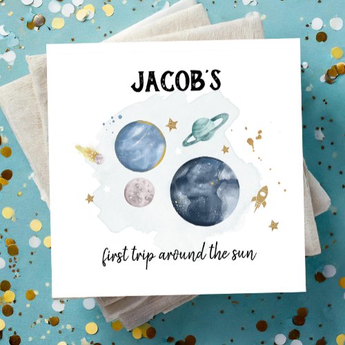 Outer Space Planets Galaxy Gold Blue Boy Birthday  Napkins