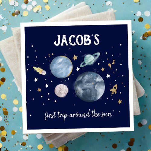 Outer Space Planets Galaxy Gold Blue Boy Birthday  Napkins