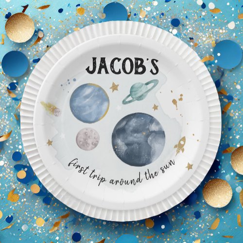 Outer Space Planets Galaxy Gold Blue Boy Birthday Paper Plates