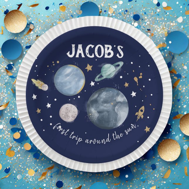 Outer Space Planets Galaxy Gold Blue Boy Birthday Paper Plates (Creator Uploaded)