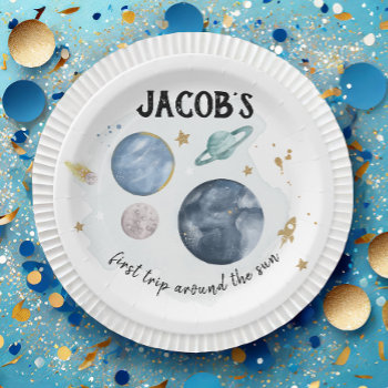 Outer Space Planets Galaxy Gold Blue Boy Birthday Paper Plates by Anietillustration at Zazzle