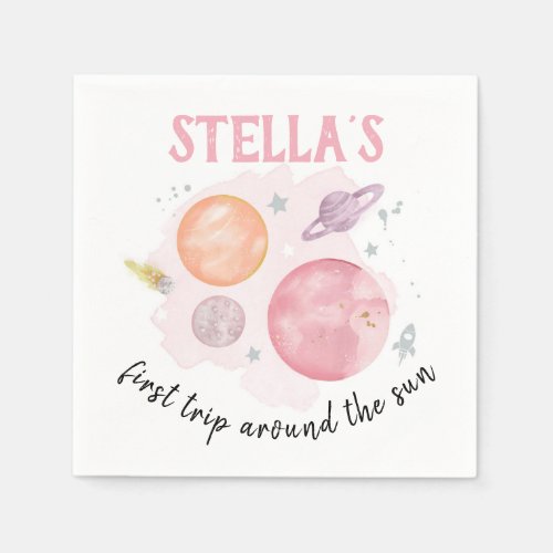 Outer Space Planets Galaxy Pink Girl 1st Birthday Napkins