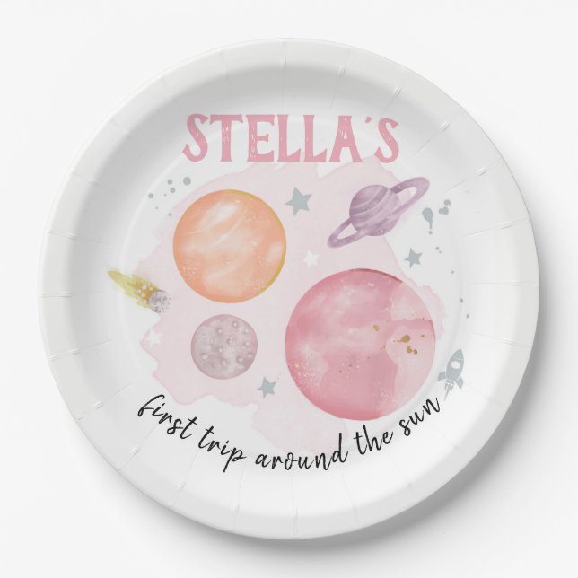 Outer Space Planets Galaxy Pink Girl 1st Birthday Paper Plates (Front)