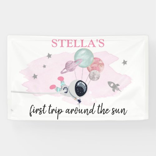 Outer Space Planets Girl First Birthday Backdrop B Banner