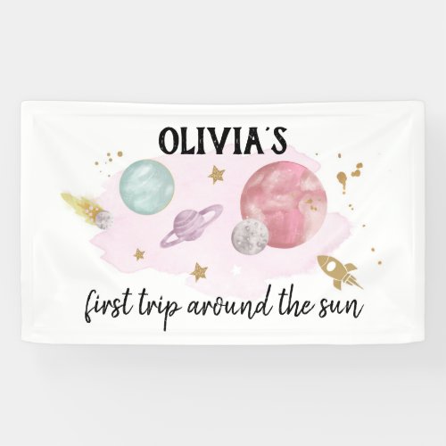 Outer Space Planets Girl First Birthday Backdrop Banner