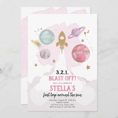 Outer Space Planets Girl First Birthday Invitation