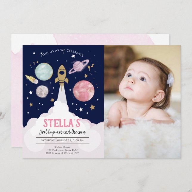 Outer Space Planets Girl First Birthday Invitation (Front/Back)