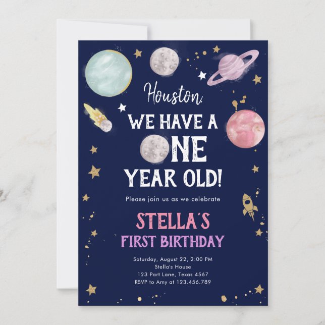 Outer Space Planets Girl First Birthday Invitation (Front)