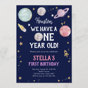 Outer Space Planets Girl First Birthday Invitation