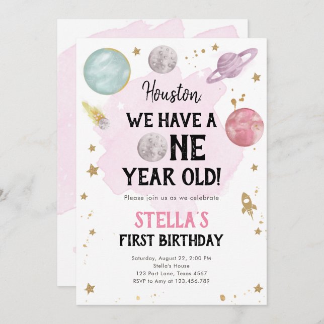 Outer Space Planets Girl First Birthday Invitation (Front/Back)