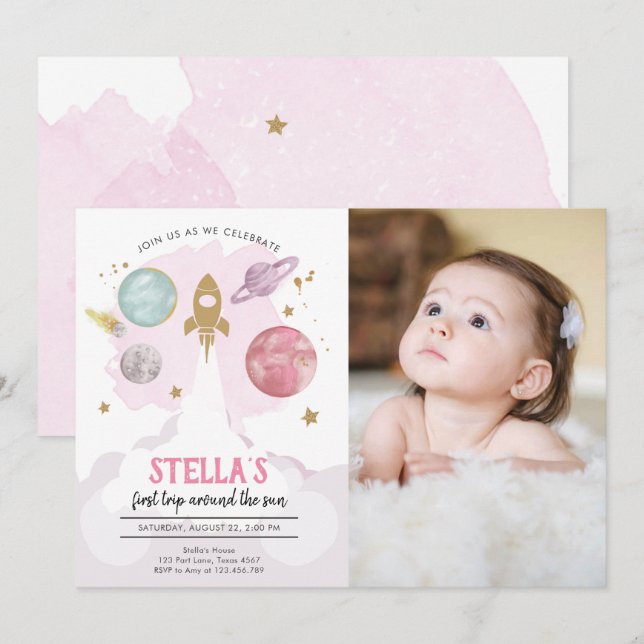 Outer Space Planets Girl First Birthday Invitation (Front/Back)