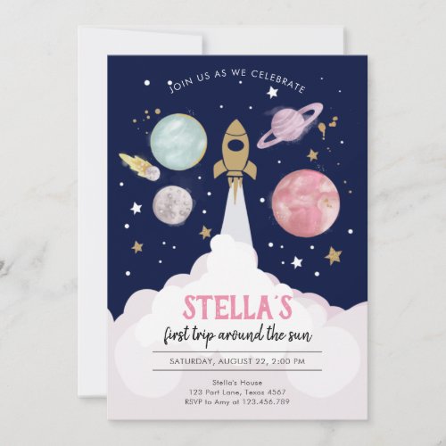 Outer Space Planets Girl First Birthday Invitation