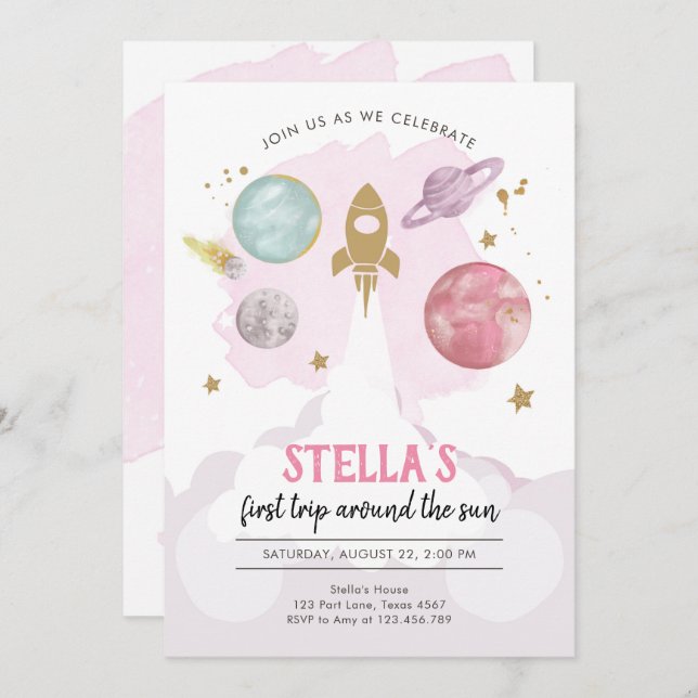 Outer Space Planets Girl First Birthday Invitation (Front/Back)
