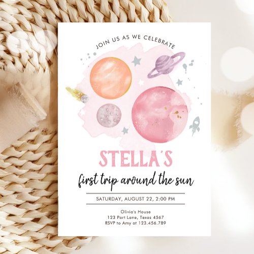 Outer Space Planets Girl First Trip 1st Birthday Invitation