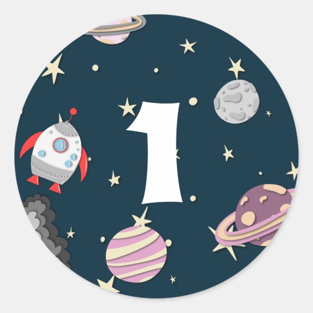 Outer Space Planets Girl Galaxy First Birthday Classic Round Sticker (Front)