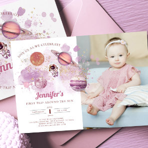 Outer Space Planets Girl Pink First Birthday Invitation