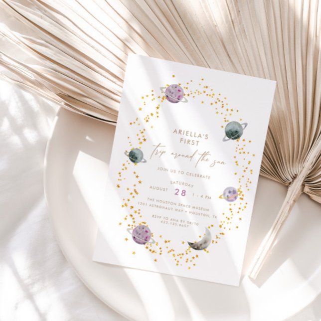 Outer Space Planets - Girls Gold 1st Birthday Invitation (Creator Uploaded)
