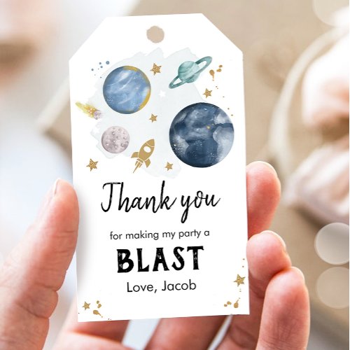 Outer Space Planets Gold Boy Birthday Thank You Gift Tags