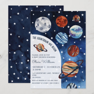 Outer Space Planets Navy Blue Boy Baby Shower  Invitation