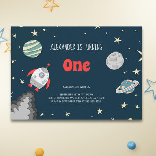 Outer Space Planets Rocket 1st Birthday Invitation