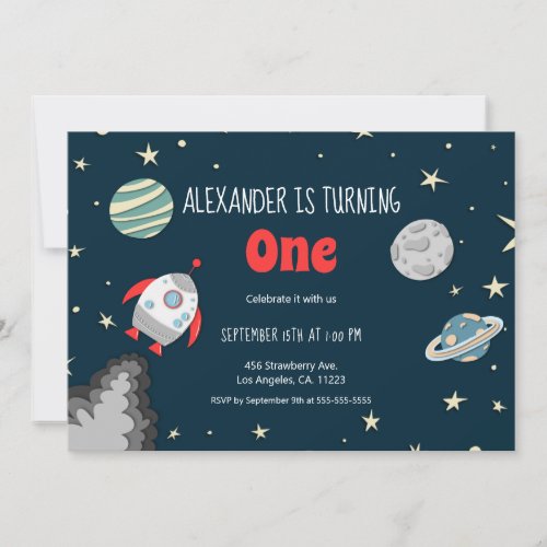 Outer Space Planets  Rocket Boy First Birthday Invitation