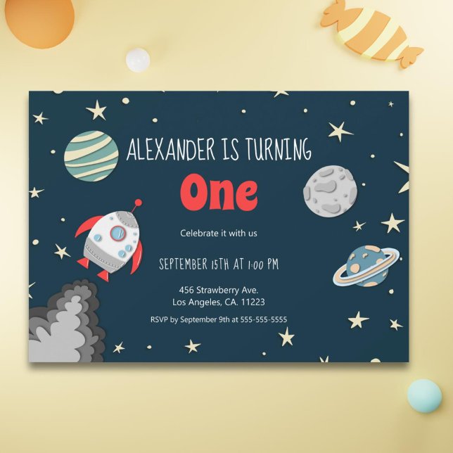 Outer Space Planets Rocket First Birthday Invitation (Creator Uploaded)