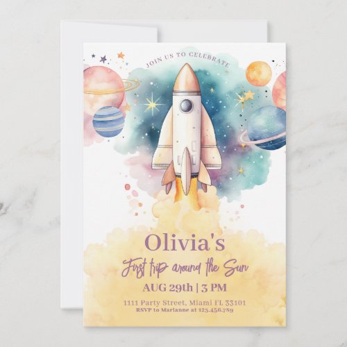 Outer Space Planets Rocket Girl First Birthday Invitation