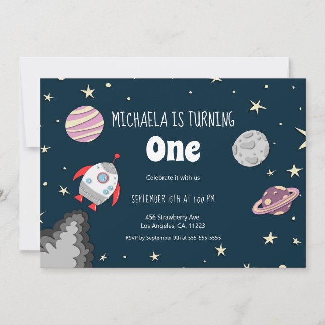 Outer Space Planets & Rocket Girl First Birthday Invitation (Front)