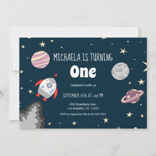 Outer Space Planets  Rocket Girl First Birthday Invitation