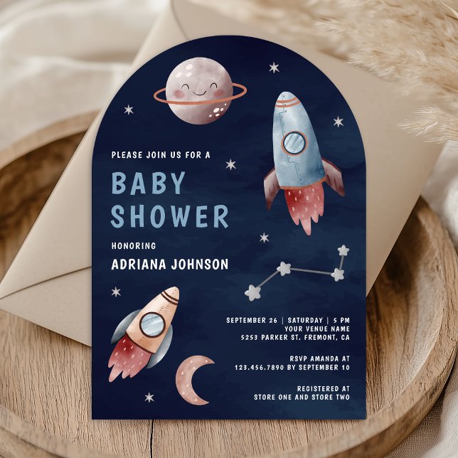 Outer Space Planets Rocket Navy Arch Baby Shower Invitation (Creator Uploaded)