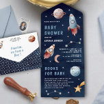 Outer Space Planets Rocket Navy Blue Baby Shower All In One Invitation<br><div class="desc">Amaze your guests with this modern space theme baby shower invite featuring cute rockets and planets with detachable book request card. Simply add your event details on this easy-to-use template to make it a one-of-a-kind invitation.</div>