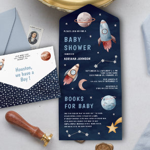 Outer Space Planets Rocket Navy Blue Baby Shower All In One Invitation