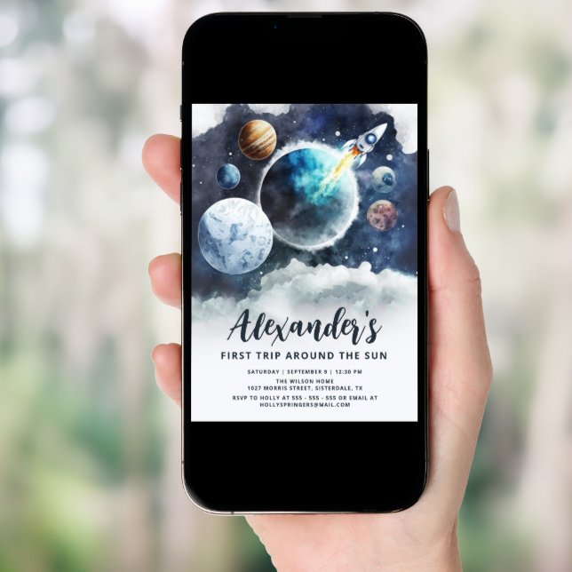 Outer Space Planets & Rocket Ship Boy 1st Birthday Invitation (Front Digital)